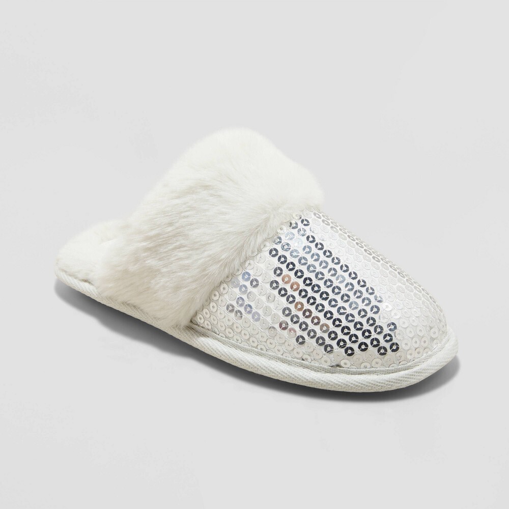Cat & Jack Kids’ Lane Sequin Scuff Slippers | Silver 6–7 | NWT